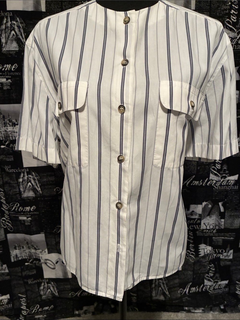 Jones New York 100% Cotton White Button-Front Shirt with Navy Stripes